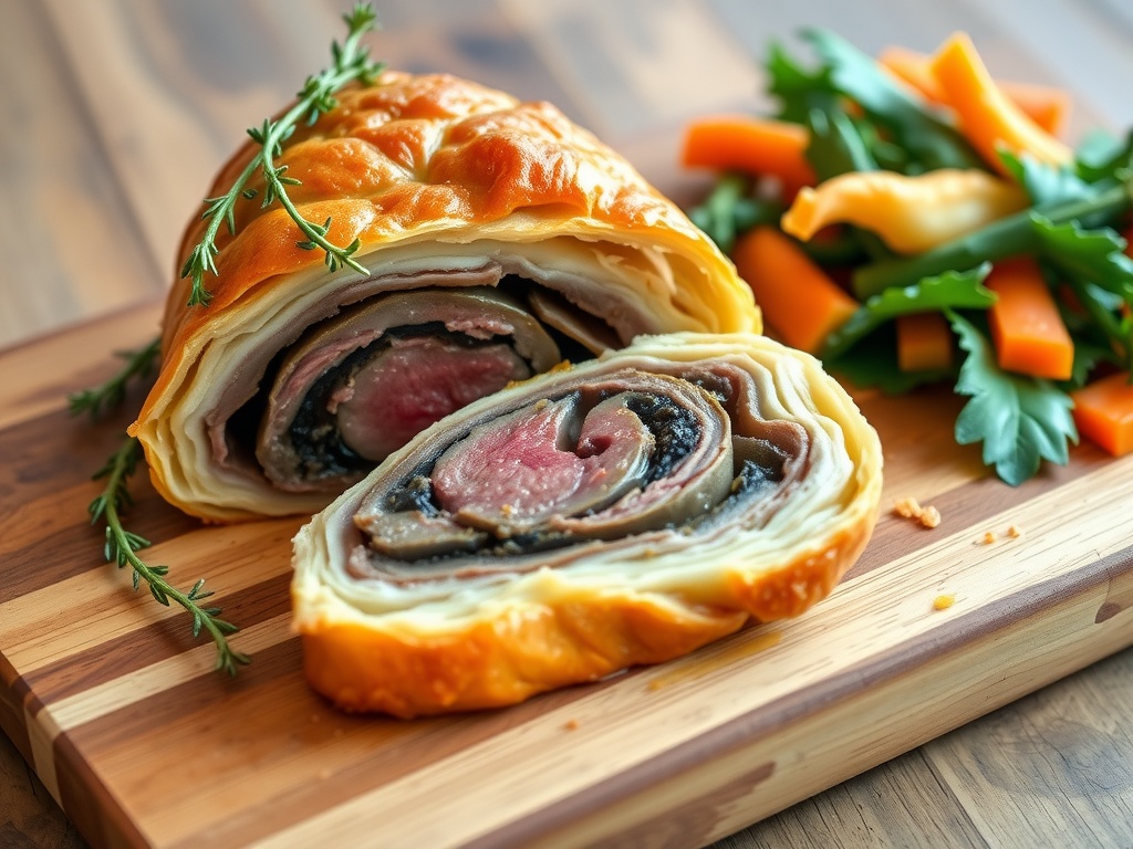 Classic Beef Wellington Recipe A sliced Beef Wellington showing the tender beef and mushroom filling, set on a wooden board with thyme and vegetables.